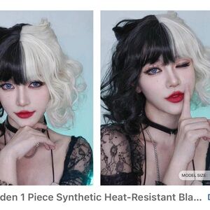 Cruella de Vil Costume set- Wig,  Dalmatian Shawl Scarf, Red Satin Opera Gloves